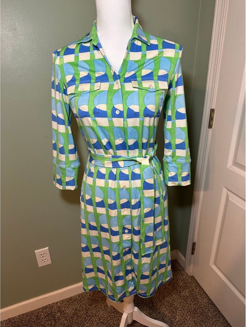 J. McLaughlin NWOT Bryn Shirt Dress Geometric blue green pattern Womens XS